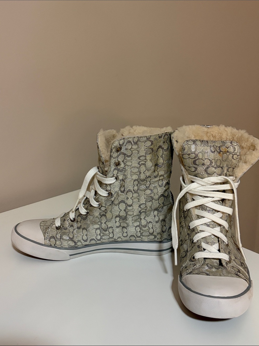 Coach Gray/silver Signature Lace-Up Shearling High-Top Boots